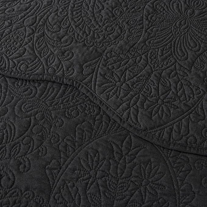 HoneiLife Queen Quilt Bedding Set - Microfiber Quilt Sets for Queen Bed, 3-Piece Lightweight Bedspreads,Reversible Coverlets Rustic Bedlinen Sets, Floral Bedding Set All Season Quilts-Black
