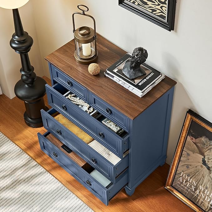 Farmhouse 5 Drawer Dresser for Bedroom, 33.2" Tall Small Dressers & Chest of Drawers, Rustic Wood Dresser with Metal Handle, Storage Organizer Closet for Living Room, Hallway, Entryway