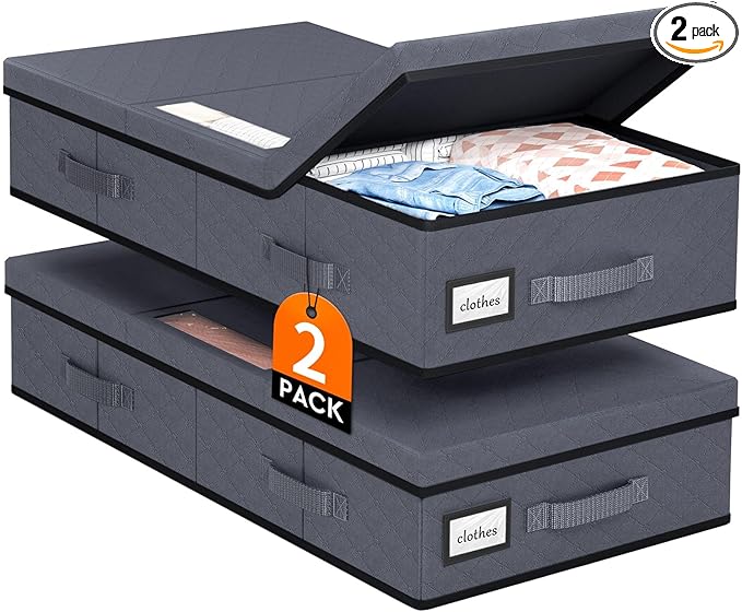Under Bed Storage Containers with Lids - 2 Pack, Foldable and Stackable Clothes Storage Bags with Clear Window, 3-Sided Handles and Label Slot for Clothing, Blankets, Pillows (Grey)