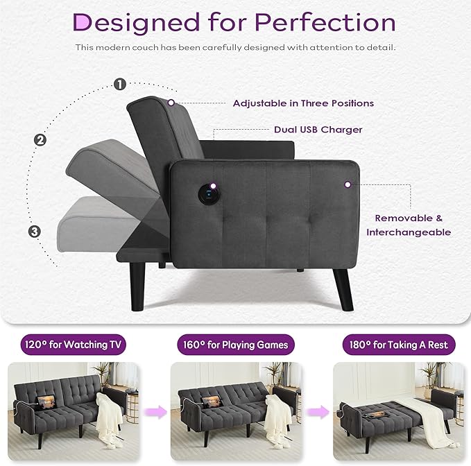 TYBOATLE 65“ Convertible Futon Sofa Bed w/ 2 USB, Upholstered Tufted Small Adjustable Folding Couch Loveseat, Modern Mid Century Sleeper Sofa for Living Room, Bedroom, Apartment, Office (Dark Grey)