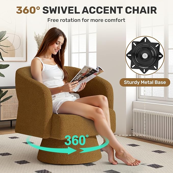 Swivel Accent Chair Set of 2, Modern Comfy Teddy Barrel Chairs, Oversized Upholstered Round Arm Chair for Living Room, Bedroom, Reading Room, Brown