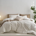 MooMee Striped Duvet Cover Set 100% Washed Cotton Linen Like Textured Breathable Durable Soft Comfy (White Tannish Linen Grey Wide Stripes, Twin 68"x90")
