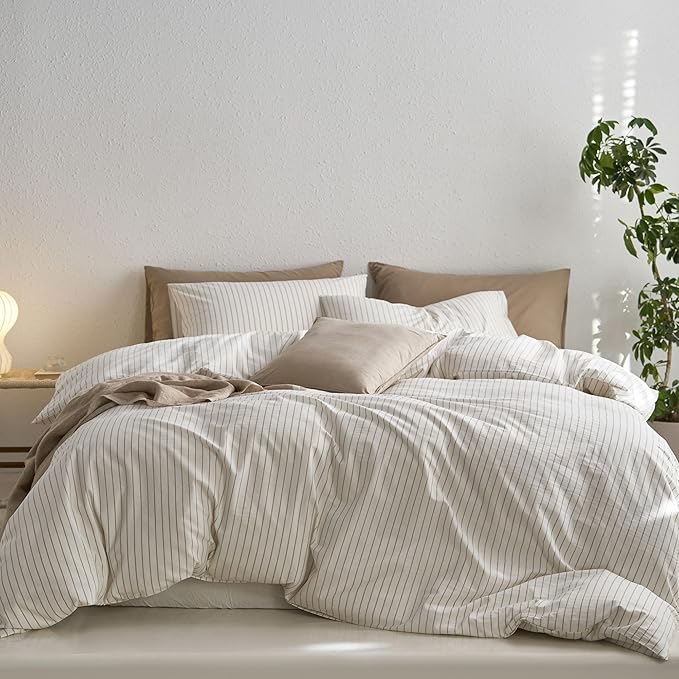 MooMee Striped Duvet Cover Set 100% Washed Cotton Linen Like Textured Breathable Durable Soft Comfy (White Tannish Linen Grey Wide Stripes, Super King Plus 120"x120")