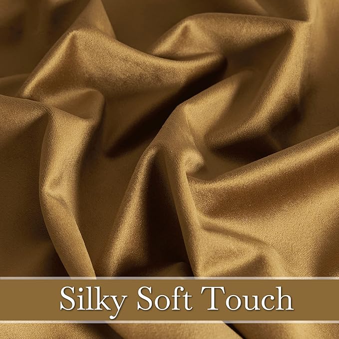 RYB Home Gold Brown Velvet Curtains 90 inches, Soft Durable Drapes Room Darkening Privacy Window Treatment Farmhouse Decor for Living Room Sliding Glass Door, W52 x L90 inches, Set of 2