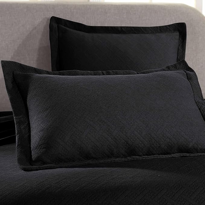 Superior 100% Cotton Basket Weave Bedspread with Shams, All-Season Premium Cotton Matelasse Jacquard Bedding, Quilted-Look Geometric Basket, King, Black