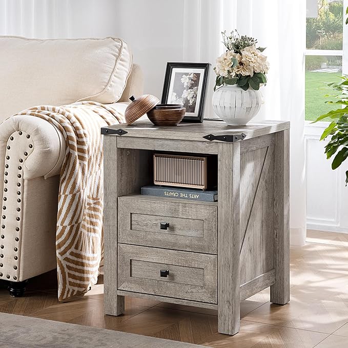 Joaxswe Nightstand with Charging Station and USB Port, Farmhouse Night Stand with 2 Drawers and Shelf Storage, Wooden Side End Table, Bedside Cabinet for Bedroom, Living Room, Closet,Office (Grey)