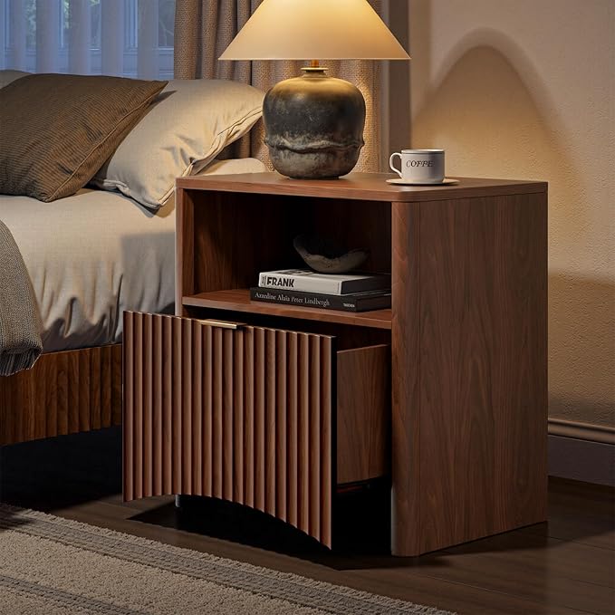 Evermagin Fluted Nightstand, Walnut Bedside Table with Drawer and Storage, Wood End Table Mid Century Modern, Large Night Stand for Bedroom