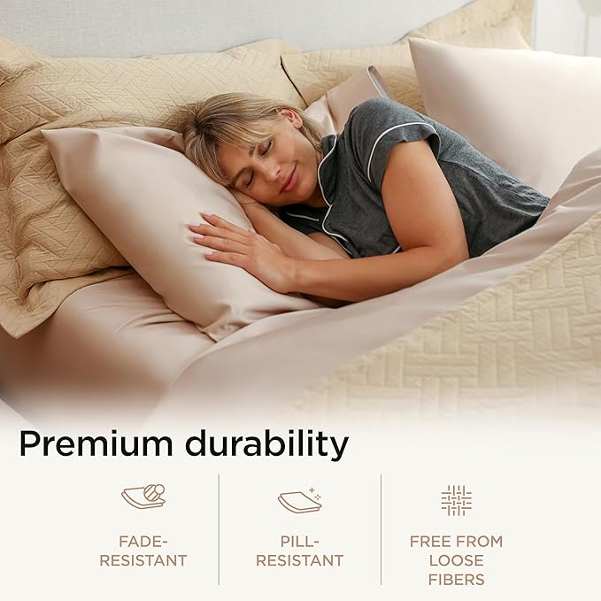 Threadmill Luxury Supima Cotton Sheets, 1200 Thread Count Soft 100% Cotton Sheets for King Size Bed, 4 Pc Beige King Bed Sheets Set, 5-Star Hotel Quality with Elasticized Deep Pocket King Sheets