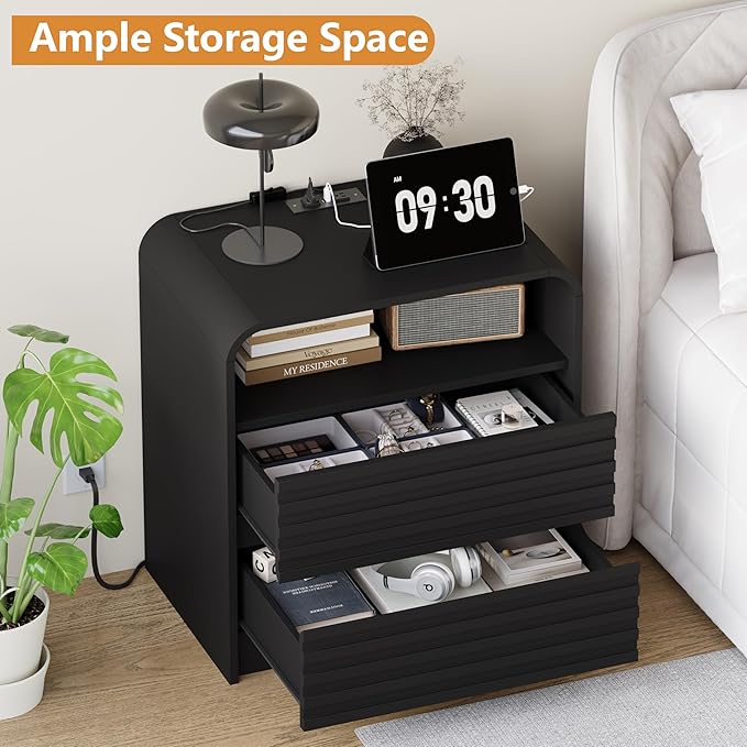 24" Wide Modern Fluted Nightstand with Charging Station Set of 2, Wood Bedside Table with Drawers, Mid Century End Table Nigthstand with Curved Profile Design for Bedroom, Living Room, Black