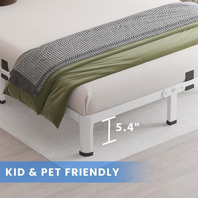 MAF 7 Inch Queen Metal Platform Bed Frame White with Round Corner Legs, Mattress Slide Stopper, 3000 LBS Heavy Duty Steel Slats Support, Noise Free, No Box Spring Needed, Easy Assembly