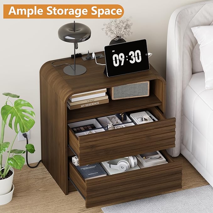 24” Wide Modern Fluted Nightstand with Charging Station, Wood Bedside Table with 2 Storage Drawers, Mid Century End Table Nigthstand with Curved Profile for Bedroom, Living Room, Walnut