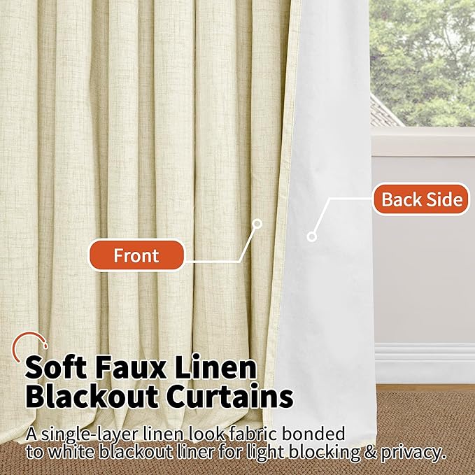 Linen Blackout Curtains 54 Inch Length 2 Panels for Bedroom, Thermal Insulated Total Light Blocking Noise Reducing Window Curtains for Farmhouse, Bronze Grommet, Cream, Each 52" Wide