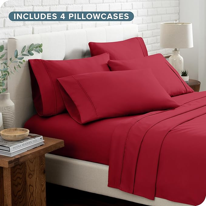 Bare Home Hotel Luxury Full Sheet Set, Extra Soft - 6 Piece Set - Deep Pockets - Easy Fit - Cooling & Breathable - Wrinkle, Fade, Stain Resistant - Includes 4 Pillowcases (Full, Red)