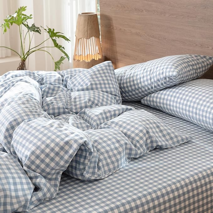 MooMee Gingham Duvet Cover Set 100% Washed Cotton Linen Like Textured Breathable Durable Soft Comfy Modern Checkered Design (Classic Gingham Cornflower Blue, Full 80"x90")