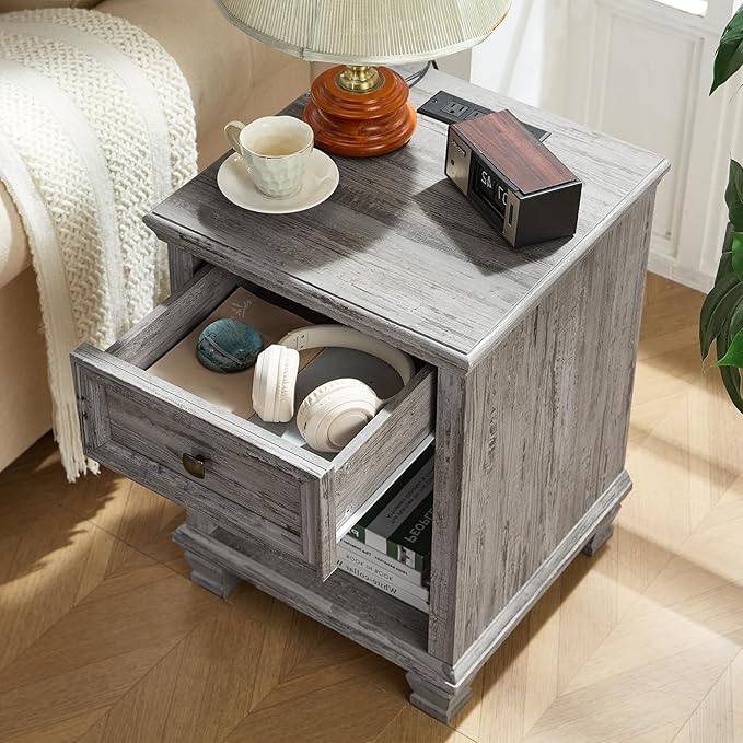 SAVOR LIFE Farmhouse End Tables Living Room Set of 2, Rustic Wood Nightstand with 1 Drawer, Bedside Table with Open Shelf for Bed Room, Side Table for Living Room, Grey