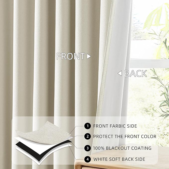 ChrisDowa 100% Blackout Birch Solid Curtains 90 Inches Long 2 Panels for Bedroom Living Room,Farmhouse Room Darkening Thermal Insulated Soundproof Grommet Top Window Treatment Drapes,52x90