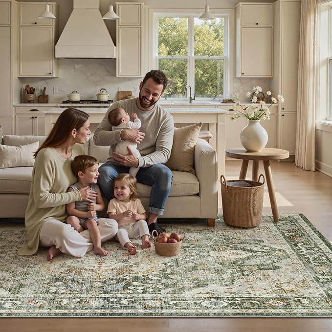 PADOOR 9X12 Area Rug,Rugs for Living Room,Soft Olive Rugs for Bedroom,Machine Washable Rug Non Slip Carpet for Dining Room Living Room Bedside Office