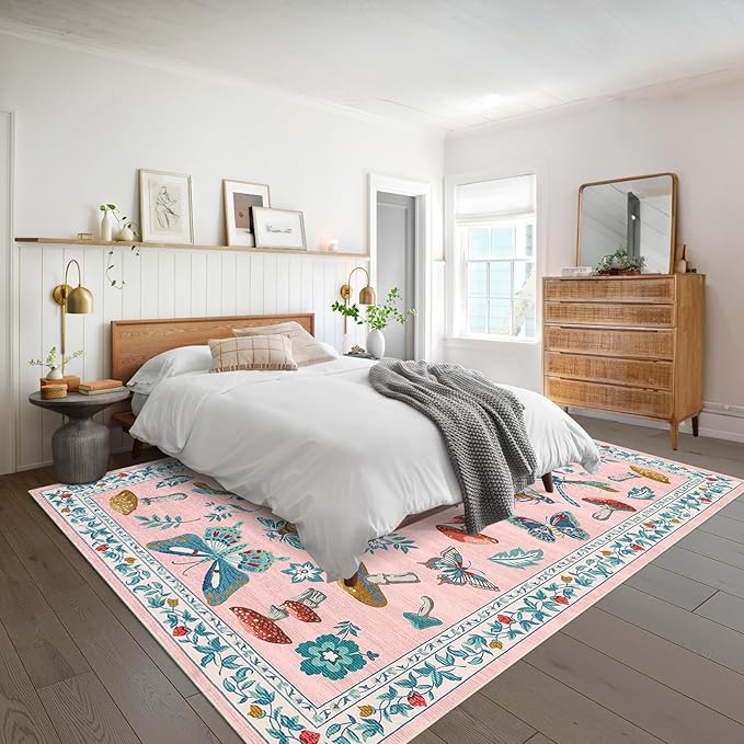 Mushroom Insect 8x10 Area Rugs, Washable Rugs for Living Room Non Slip Stain Resistant Low Pile Modern Butterfly Carpet for Bedroom Dining Room Nursery Playroom Office, Pink