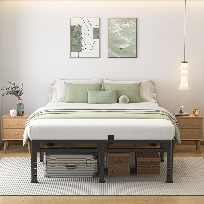 NKZ Queen Size Bed Frame 14 Inch, Metal Bed Frame & Box Spring 2 in 1 Platform with Round Corner Legs, 4000lbs Weight Capacity Reinforced Metal Frame, Headboard Hole, Noise-Free, Easy Assembly