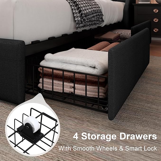 Feonase Upholstered Full Size Bed Frame with 4 Storage Drawers, Large Wingback Storage Headboard, No Box Spring Needed, Black