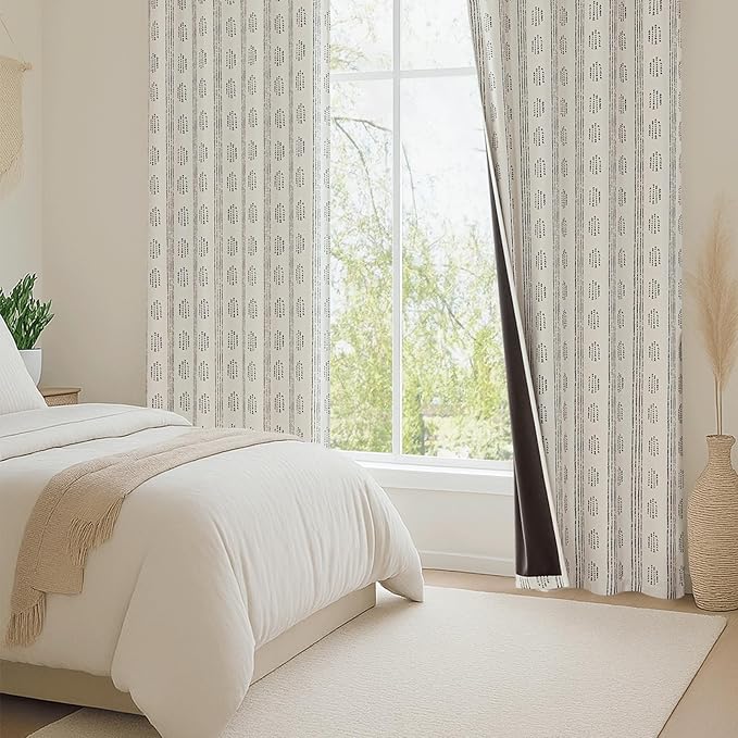 100% Boho Blackout Curtains 72 Inches Long for Bedroom, Black on Beige Patterned Bohemian Curtains for Living Room, Geometric Striped Thermal Insulated Window Drapes Gromment Top 2 Panels
