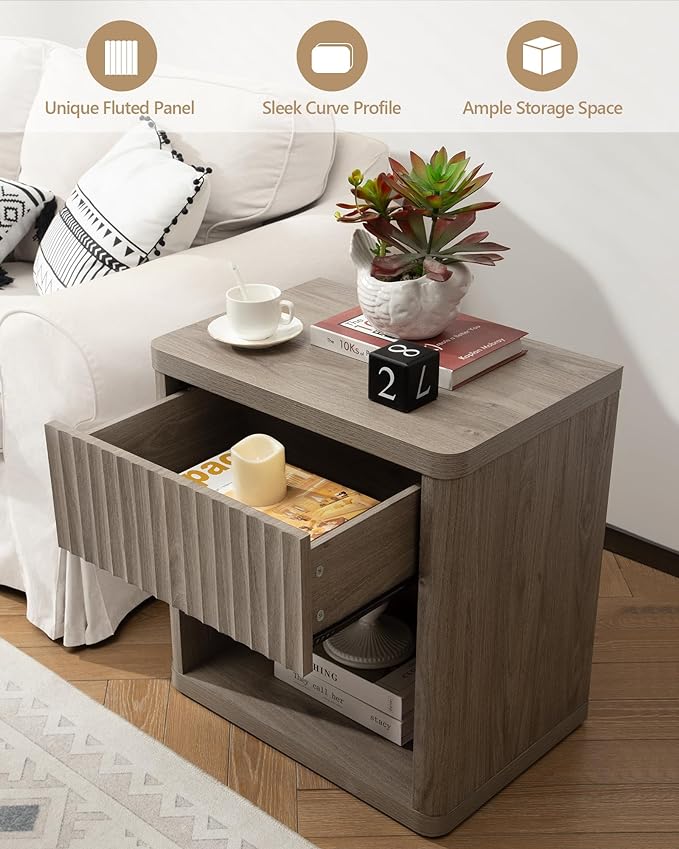 SICOTAS Night Stand Nightstand with Drawer Storage Fluted Bed Side Table End Table Large Modern Wide Bedside Stand Mid Century Night Stands for Bedroom Living Room Sofa Couch Home Office, Grey Alder