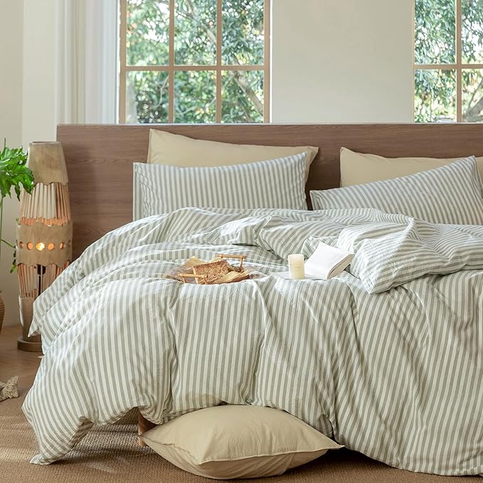 MooMee Striped Duvet Cover Set 100% Washed Cotton Linen Like Textured Breathable Durable Soft Comfy (Sage Green White Classic Stripes, Cal King 104"x98")