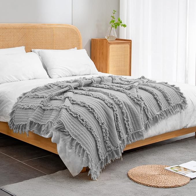 Ultra Soft Pre-Washed Quilted Boho Grey Queen Size Blankets for Bed, Ruffle Fringed Decorative Throw, Stone Washed Chic Rustic Blanket for Sofa Couch Bed, 90"*90"