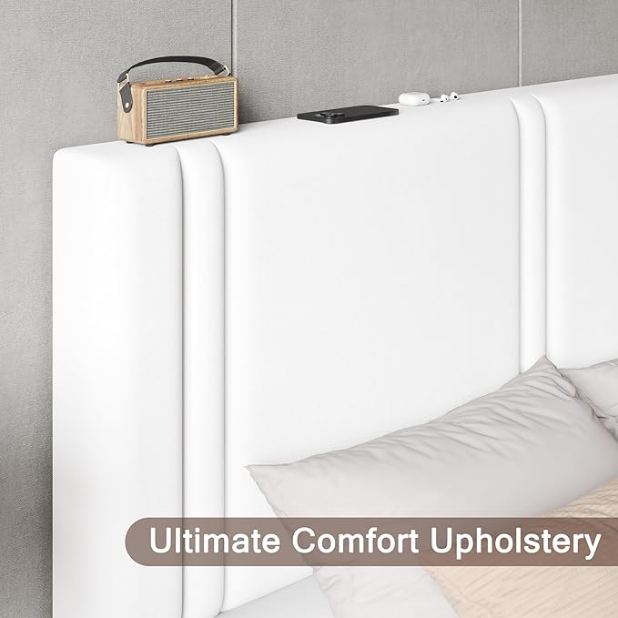Upholstered King Size Bed Frame with Linen Fabric Headboard, Strong Wooden Slats Support, Noise Free, No Box Spring Needed, White