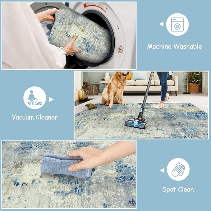 Lahome Modern Abstract Round Rug 3Ft, Blue Washable 3x3 Circle Rugs for Kitchen Entryway Soft Small Bedroom Mat Non Slip, Contemporary Indoor Floor Throw Carpet for Nursery Home Office
