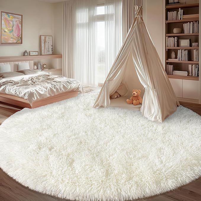 Round White Rug for Bedroom, 7 ft Circle Area Rugs for Living Room, Soft Large Fluffy Shag Carpet for Teen Girls Boys Nursery Room Dorm Home Decor Aesthetic