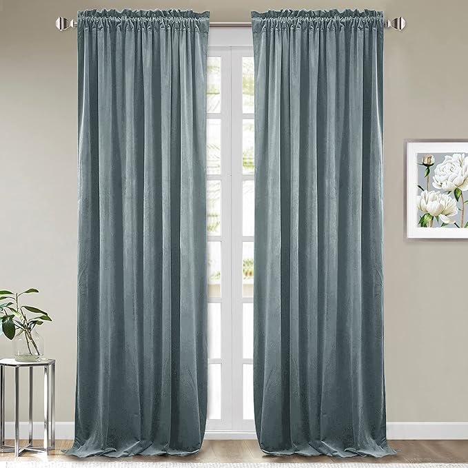 StangH Stone Blue Velvet Drapes 120 inches Long, Nursery Kids Bedroom Home Decoration Thermal Insulated Room Darkening Sliding Door Curtains for Living Room, W52 x L120, 2 Panels