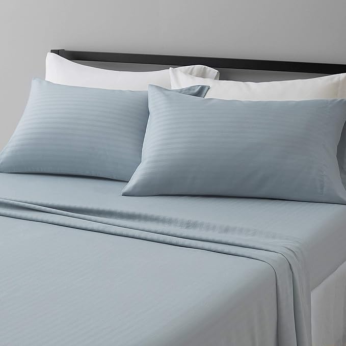 Amazon Basics Soft, Breathable Microfiber Bed Sheets, Queen Size, 4-Piece, Spa Blue Striped