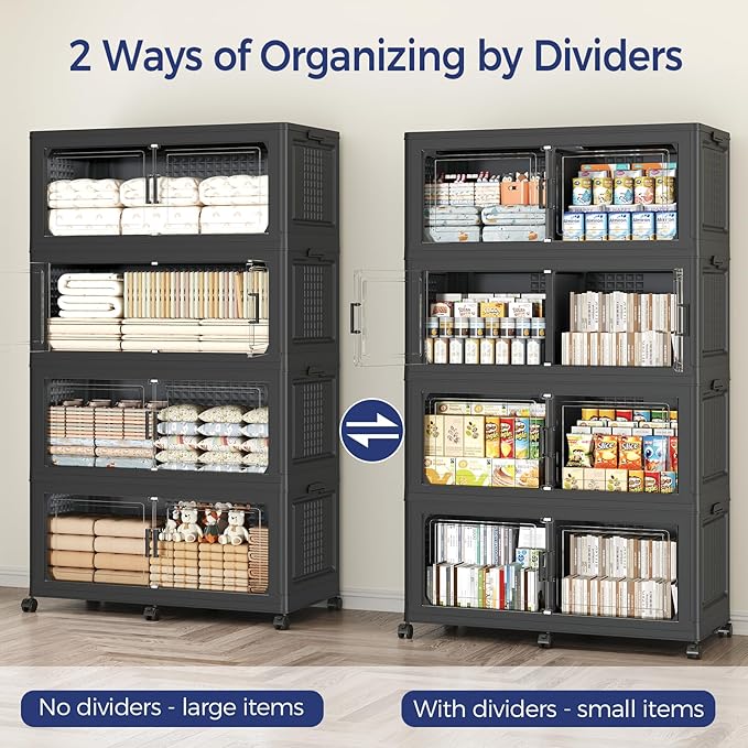 200GAL Storage Bins with Lid and Wheels, Stackable Closet Organizers and Storage Drawer, Collapsible Storage Box with Dividers, Foldable Plastic Cabinets for Room, Kitchen, 5 Pack Black