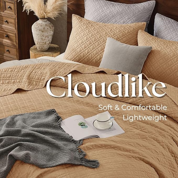 Queen Quilt Set with Shams Lightweight Quilted Bedspread Coverlet Thin Comforter Bed Cover Vintage Washed Quilted Blanket for All Season, Brushed Microfiber Diamond Stitching, Brown, 88"x92"