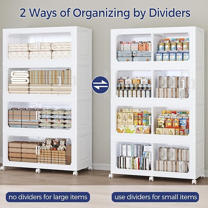 250GAL Storage Bins with Lid and Wheels, Stackable Closet Organizers and Storage Drawer, Collapsible Storage Box with Dividers, Foldable Plastic Cabinets for Room, Kitchen, 5 Pack White