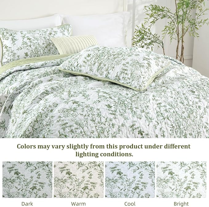 WONGS BEDDING California King Quilt Sets, Sage Green Quilt Bedding Set with 2 Pillowcases, Botanical Quilt for Cal King Bed, Soft Microfiber Lightweight Coverlet Bedspread for All Season (112"×96")