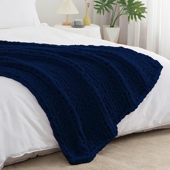 Chunky Knit Throw Blanket 50"X 60", 100% Handmade with Soft Chenille Yarn, 4.4lbs Thick Cable Knitted Blankets, Large Rope Knot Crochet Throws for Couch Sofa Bed Home Decor, Navy Blue
