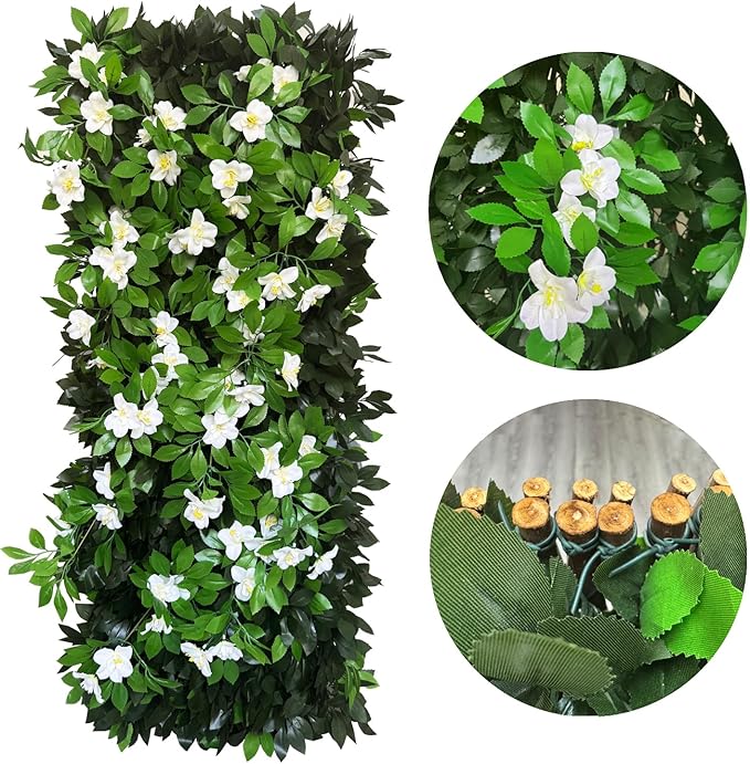 Sumery Expandable Fence Privacy Screen for Balcony Patio Outdoor,Decorative Faux Ivy Fencing Panel,Artificial Hedges (Single Sided Leaves) (1, Branches -White Fowers)