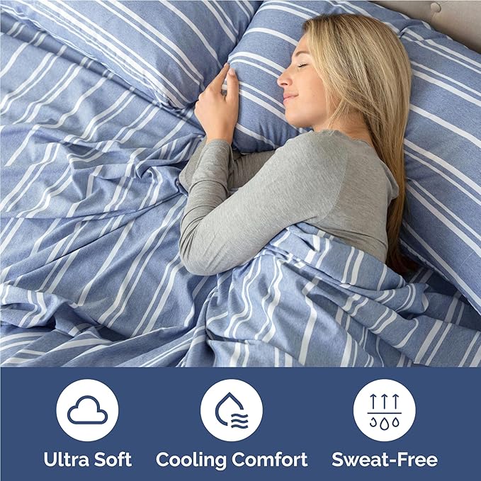 Twin XL 4 Piece Sheet Set - Cooling, Comfy & Breathable - Hotel Luxury Bedding Includes Fitted Sheet for Women, Men, Kids & Teens - 1 Flat, 1 Fitted Sheet, 2 Pillowcases w/Deep Pockets - Blue Stripes