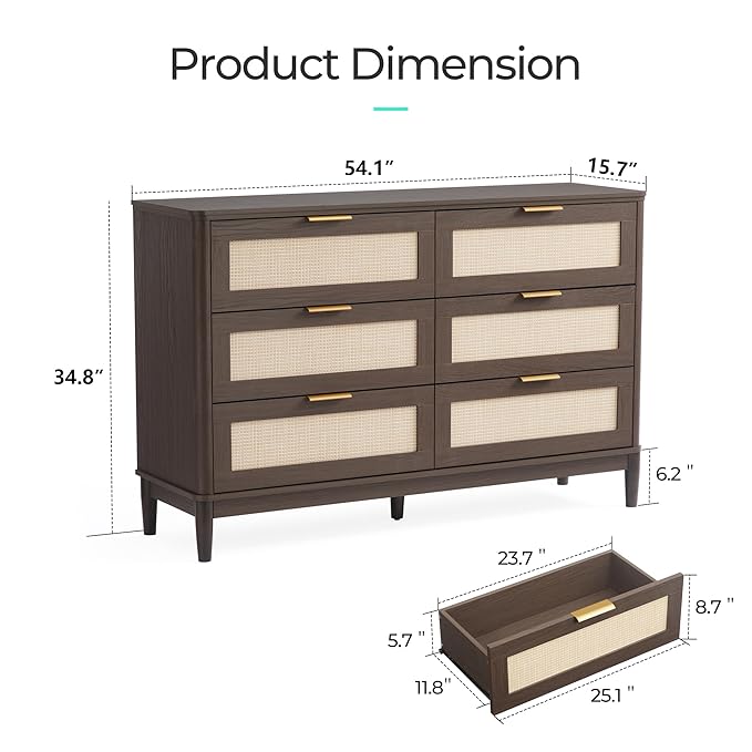 LINSY HOME Rattan Dresser for Bedroom with 6 Drawers, 47" Wide Chest of Drawers, Mid Century Modern Dresser TV Stand with Metal Handle, Wood Closet Storage Cabinet for Living Room, Hallway, Walnut