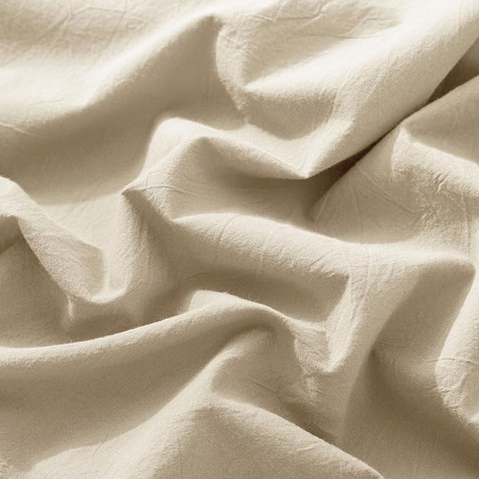 MooMee Fitted Bottom Sheet Only 100% Washed Cotton Linen Like Textured Breathable Durable Soft Comfy Deep Pocket Fits Mattress up to 17" (Almond Milk Grey, King)