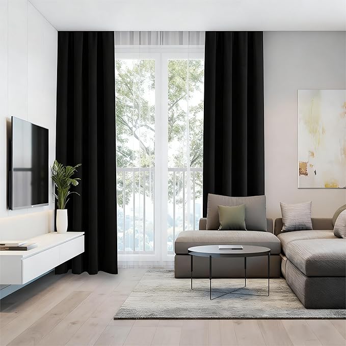 Black Blackout Curtains 72 Inch Length 2 Panels Set, Black Out Curtains for Bedroom 72 Inch Long, Rod Pocket Energy Saving Room Darkening Drapes for Living Room Window(W52 x L72)