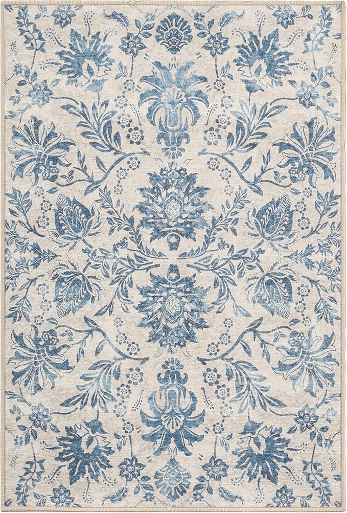 jinchan Torino 3x5 Area Rugs for Entryway, Vintage-Inspired Floral Design Machine Washable Non-Slip Low-Pile Rug, Ultra-Thin Indoor Traditional Accent Carpet for Entrance Bedroom Hallway, Dark Blue