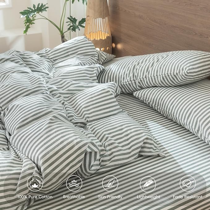 MooMee Striped Duvet Cover Set 100% Washed Cotton Linen Like Textured Breathable Durable Soft Comfy (Heathered Green Classic Stripes, Palatial King/Oversized King 120"x98")