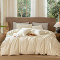 MooMee Wavy Striped Duvet Cover Set 100% Washed Cotton Linen Like Textured Breathable Durable Soft Comfy (Cream White, Super King Plus 120"x120")