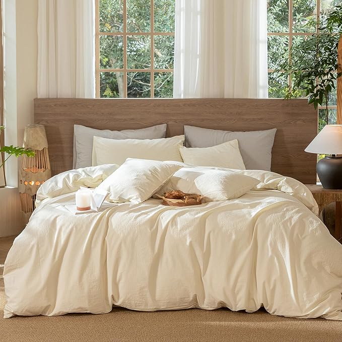 MooMee Wavy Striped Duvet Cover Set 100% Washed Cotton Linen Like Textured Breathable Durable Soft Comfy (Cream White, Super King 108"x98")