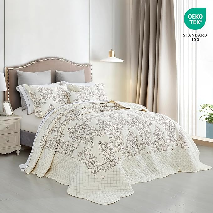 CHIXIN Bedspread Coverlet Set Queen Size - Lightweight Bedding Cover - Beautiful Stitching - 5 Piece Reversible Bedspread - Luxury Damask Paisley Pattern (Queen, Ivory)