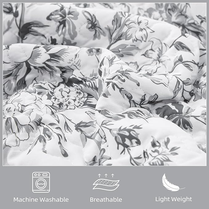 WONGS BEDDING Quilt Queen Size, Grey Quilt Bedding Set with 2 Pillowcases, Botanical Quilt for Queen Bed, Soft Microfiber Lightweight Coverlet Bedspread for All Season (96"×90", 3 Pieces)
