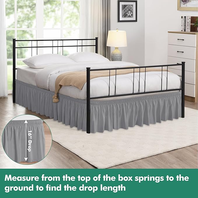Biscaynebay Wrap Around Bed Skirts with Split Corners for King Beds 16" Drop, Silver Grey Elastic Dust Ruffles Adjustable Easy Fit Wrinkle & Fade Resistant Silky Luxurious Fabric Machine Washable